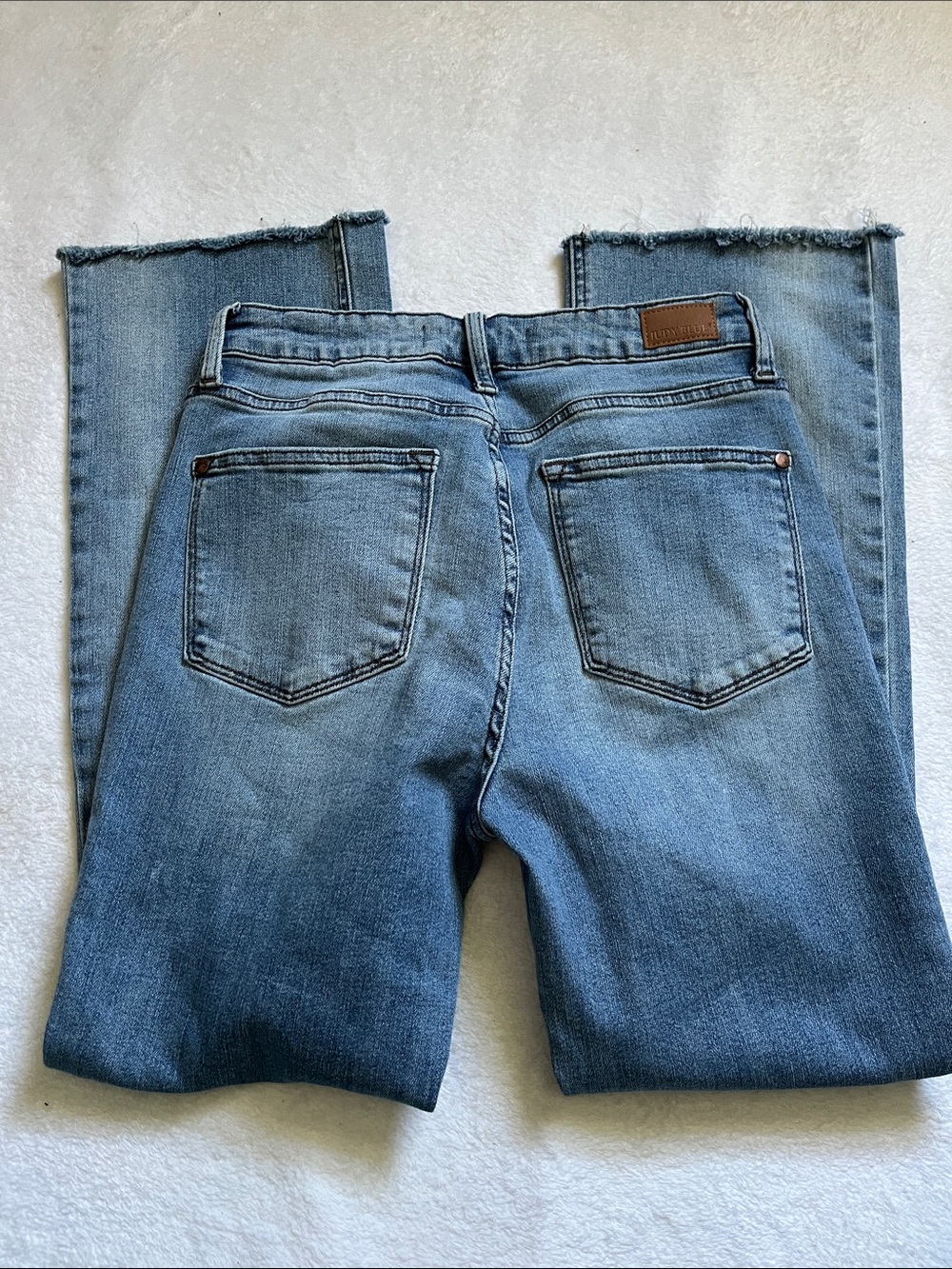 Judy Blue Light Blue Distressed Straight Leg Jeans with Red Patch Accents - Picture 7 of 7